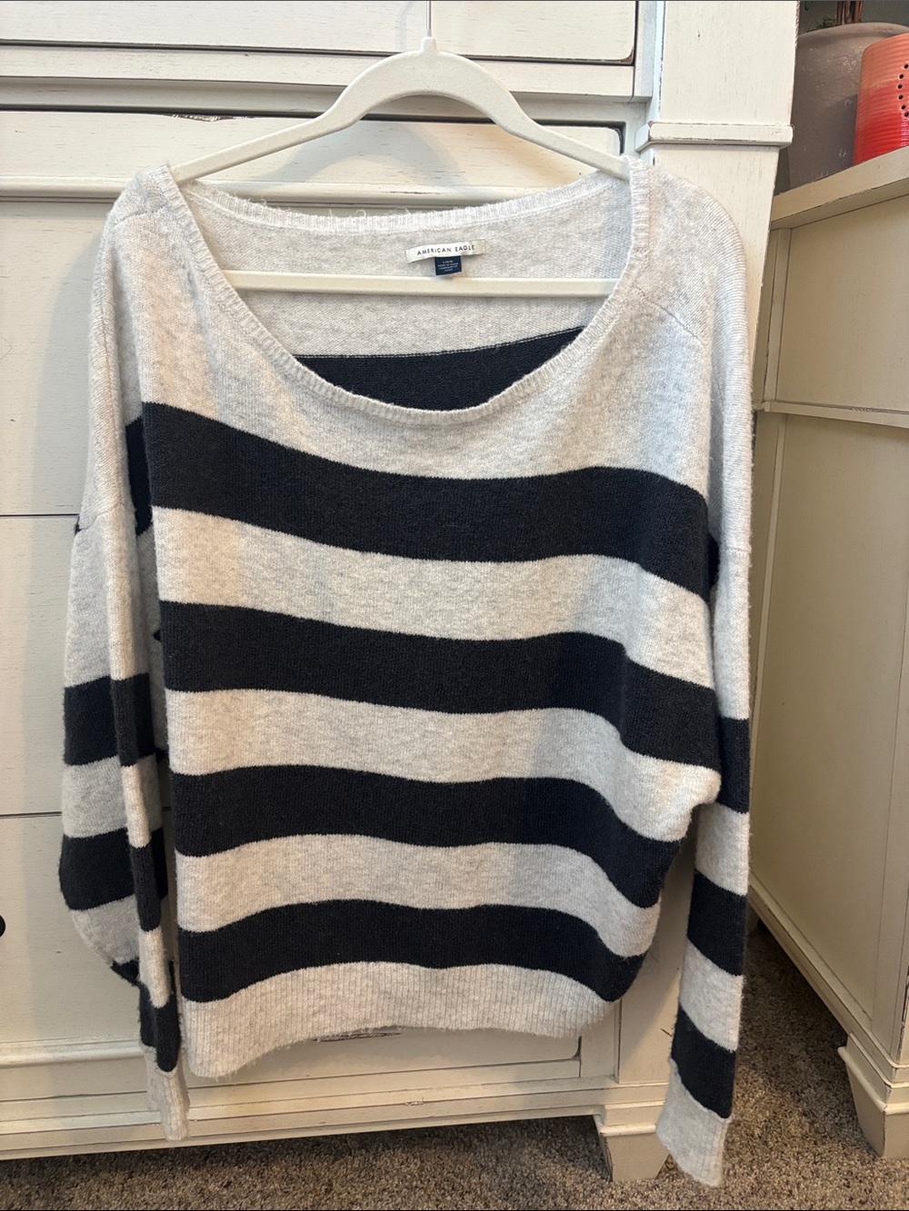 American Eagle Outfitters Off-the-Shoulder Striped Sweater in Cream and Navy